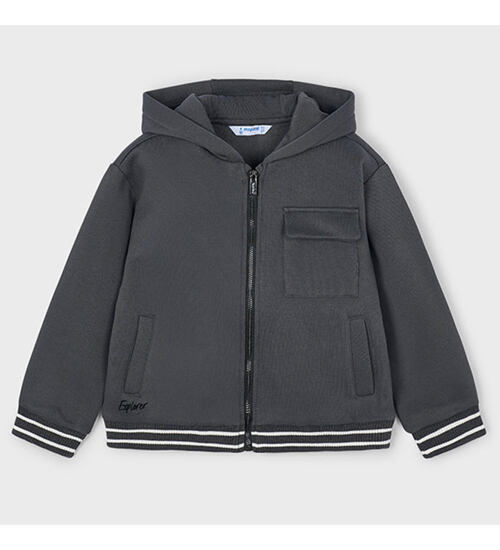 Dětská mikina s kapucí, zapínáním na zip, dvěma předními kapsami a nápisem "Explorer".