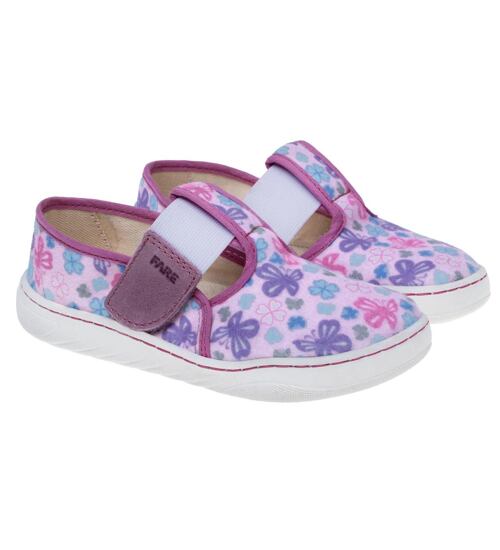 Dětské bačkůrky s květinovým a motýlím vzorem, suchý zip pro snadné nazouvání.