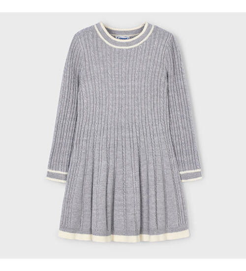 Dětské pletené šaty s dlouhým rukávem, žebrovaným vzorem a kontrastním lemem.