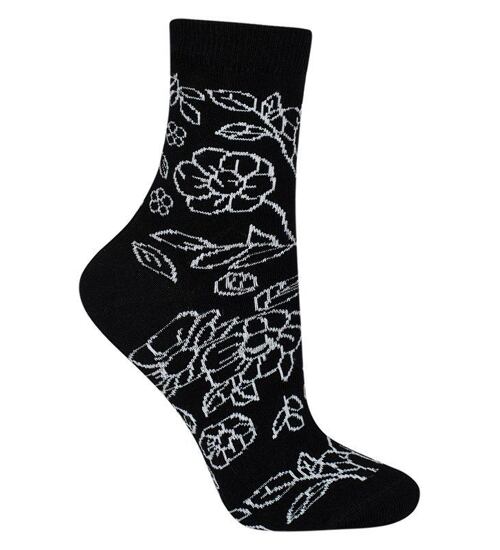 obrázkové dívčí černé ponožky s kytičkami
