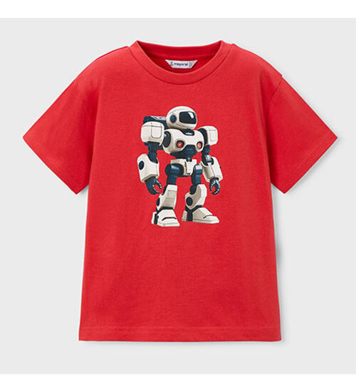 červené dětské tričko s obrázkem robota